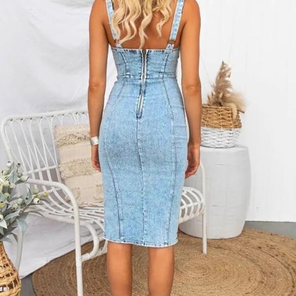 Women's Denim Dress Sexy V Neck Side Slit Bodycon Sleeveless Mini - Picture 5 of 6